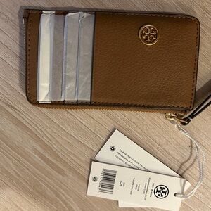 Tory Burch Brown Leather Card Holder with Gold Accent